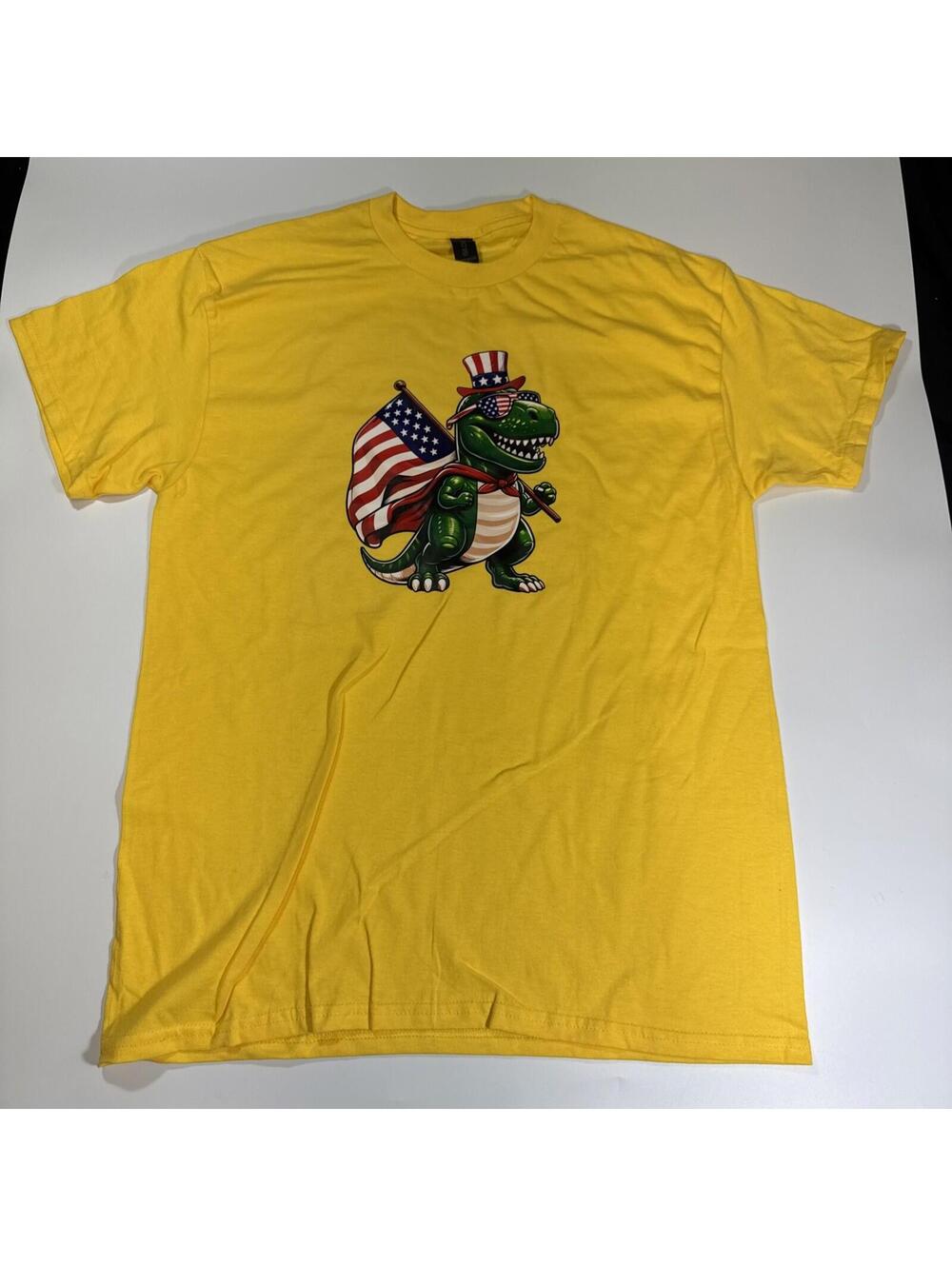 T-Rex USA 4th Of July T-shirt Size Medium Unisex Tee Yellow Funny Humor Patriot